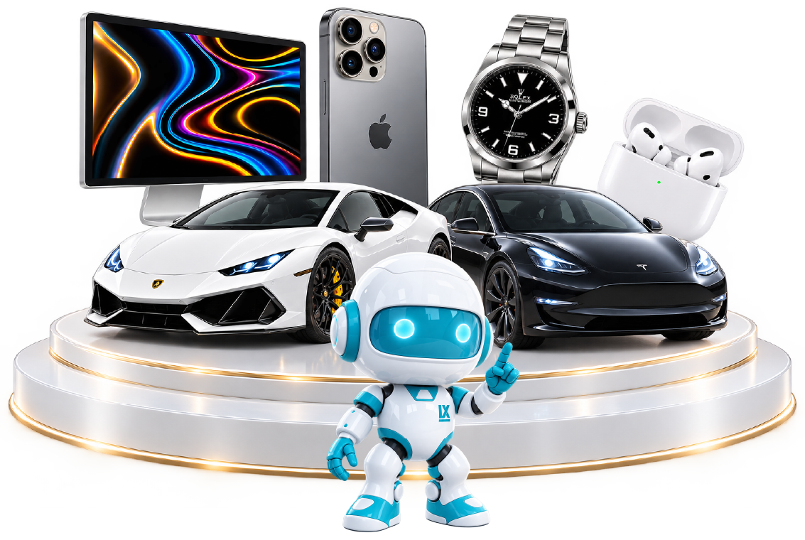 LX mascot with the campaign prizes: MacBook, iPhone, Rolex, AirPods, Lamborghini and Tesla.